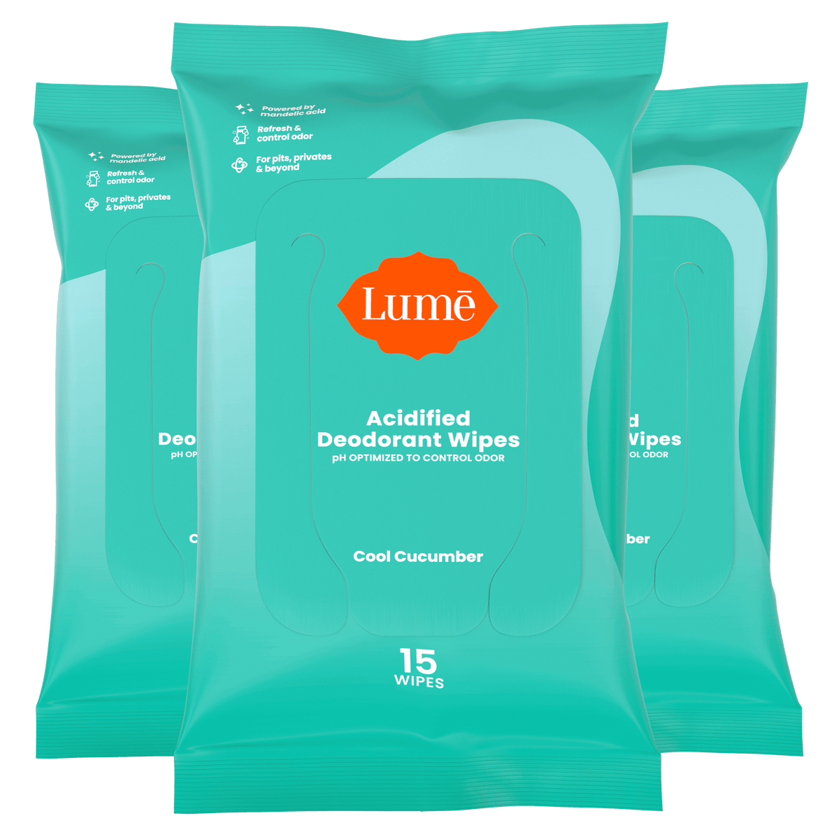 Three green packs of 15 count wipes overlapping