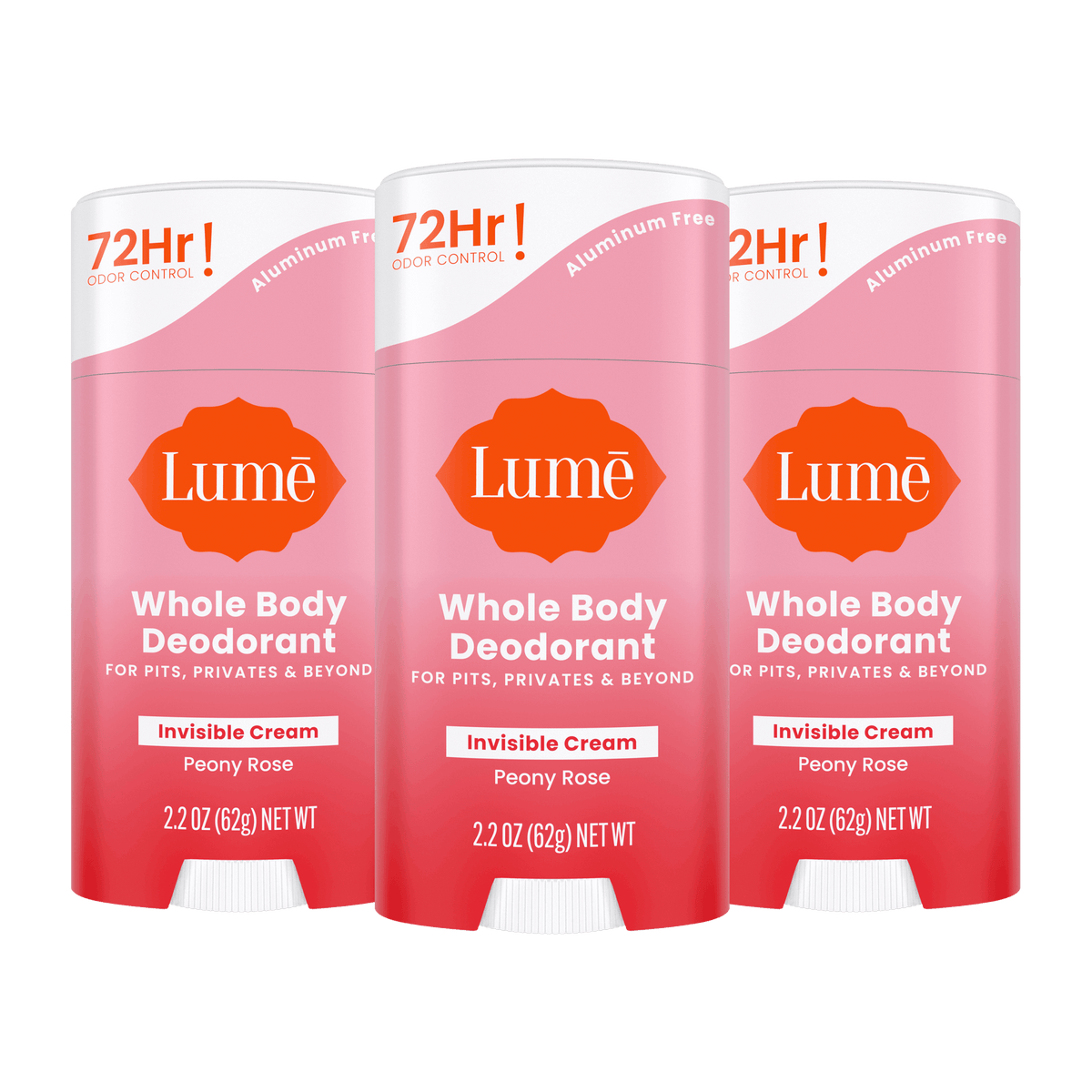 Three pink Lume cream deodorant sticks in the scent Peony Rose