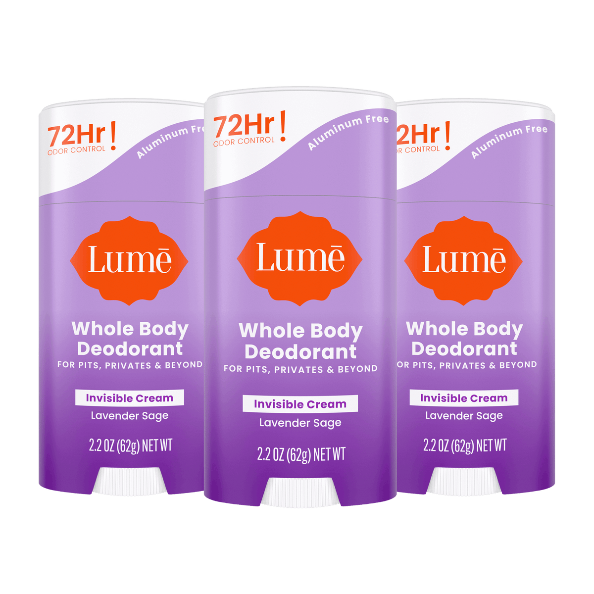 Three purple Lume cream deodorant sticks in the scent Lavender Sage